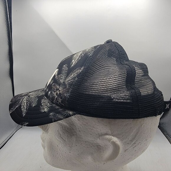 Hurley Palm Tree Print Snapback Trucker Hat Black White Adjustable Cap Casual - Picture 2 of 8